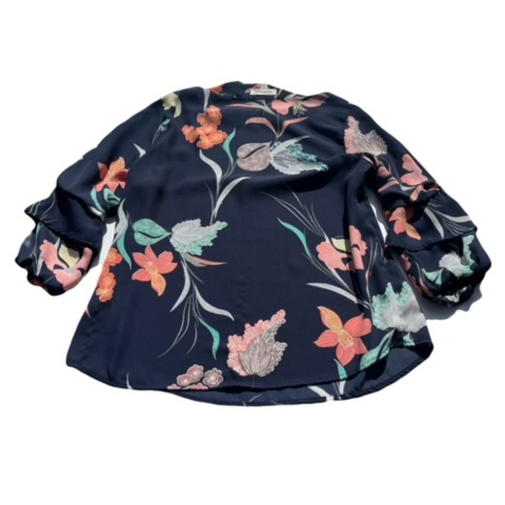 Anthropologie Monteau Women's Navy Floral Rouched Sleeve Blouse Sz L‎